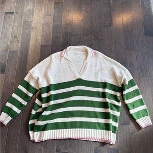 Mersea Cream and Green Striped V-Neck Sweater